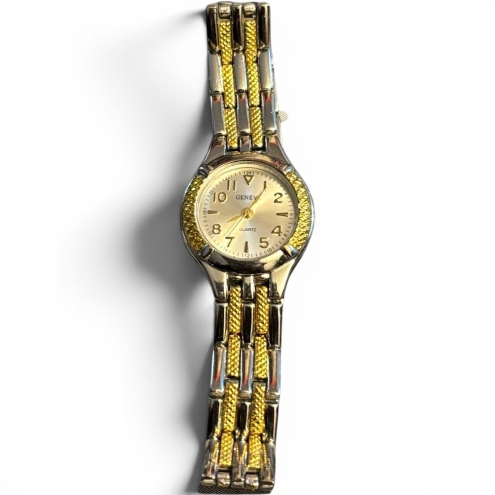 Geneva Two Tone Silver Gold Link Bracelet Watch Champagne Dial Quartz Analog